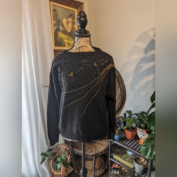 Vintage Sweaters - Vintage Black Beaded Embellished Womens Sweater Size Large
